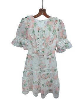 Rachel Parcell Floral Tiered Swiss Dot & Lace Mini Dress XS Short Sleeve Lined